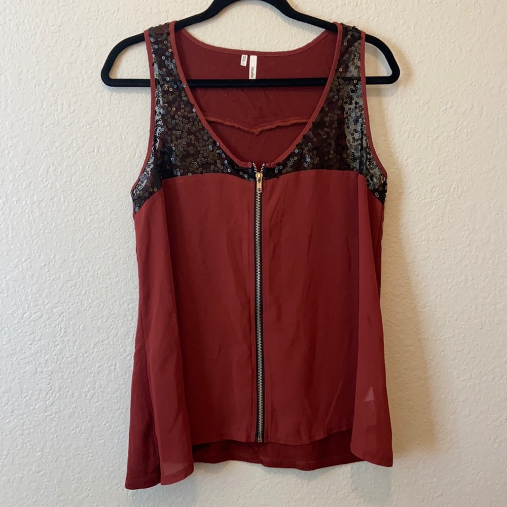 Maroon Zip Up Tank with Black Mesh and Sequences
